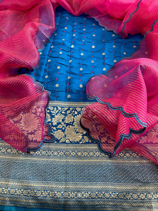 Firozi Handwoven Kadwa Banarasi with Hand Bandhani Suit Set in Pure Silk - Masakalee