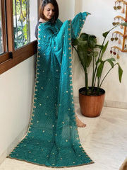 Firozi Printed Bandhej Chinon Dupatta with Sequin Butas and Border - Masakalee