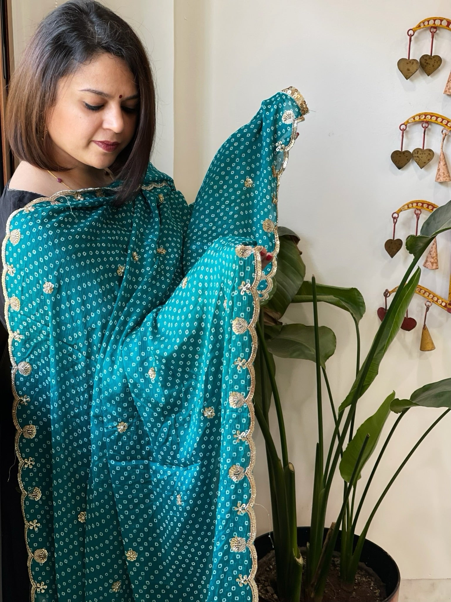 Firozi Printed Bandhej Chinon Dupatta with Sequin Butas and Border - Masakalee