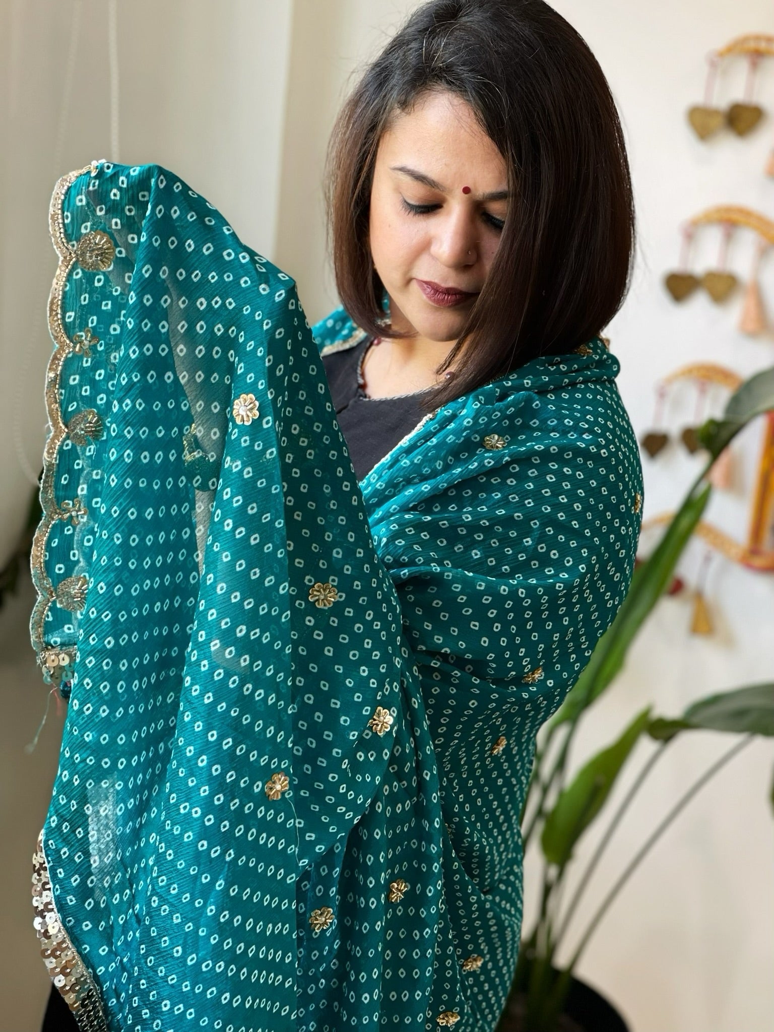 Firozi Printed Bandhej Chinon Dupatta with Sequin Butas and Border - Masakalee