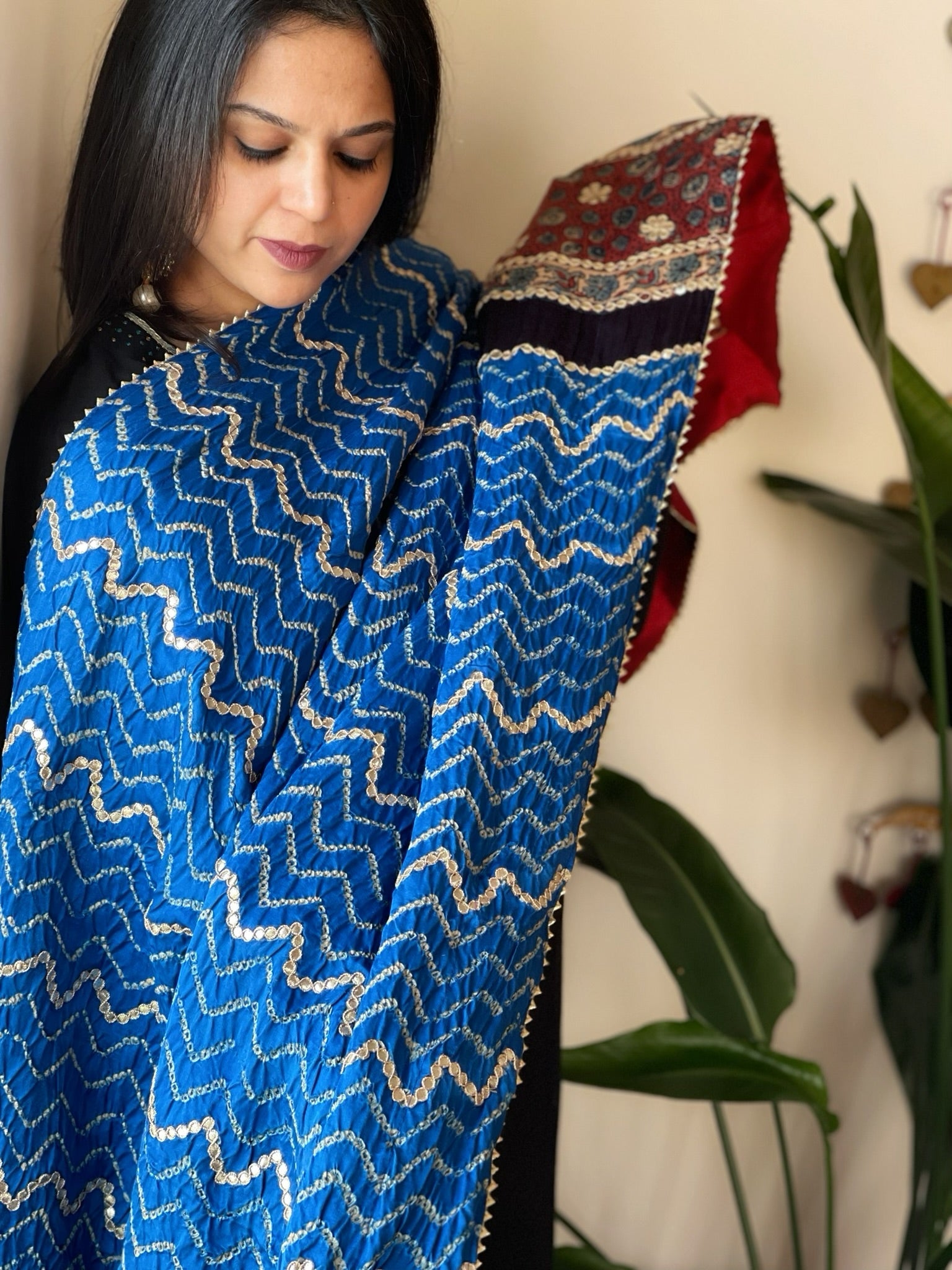 Firozi Rai Bandhani, Ajrakh Dupatta with Gotapatti Handwork in Gajji Silk - Masakalee