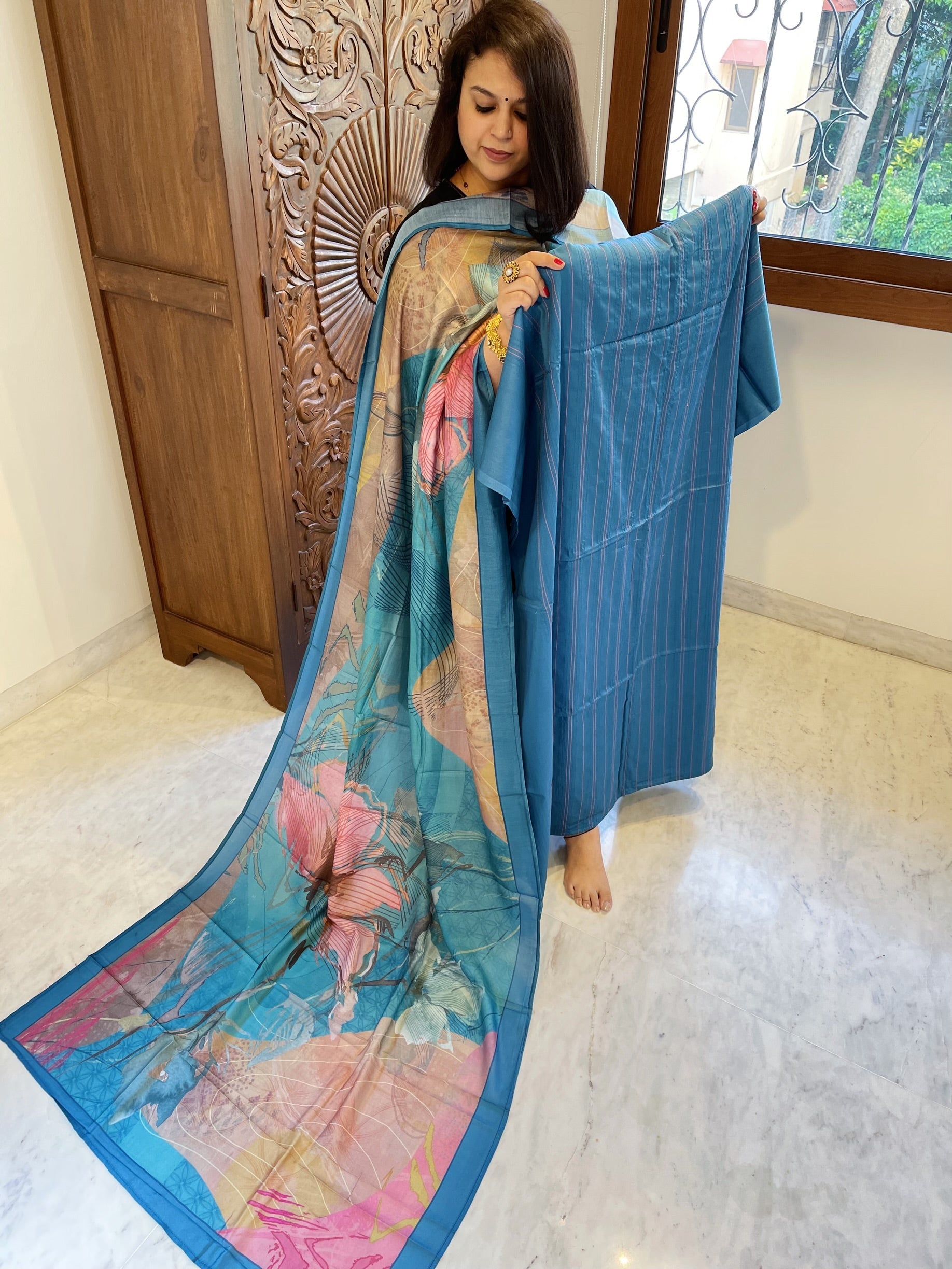 Firozi Suit Set with Kantha Stitch Work on Glazed Cotton - Masakalee