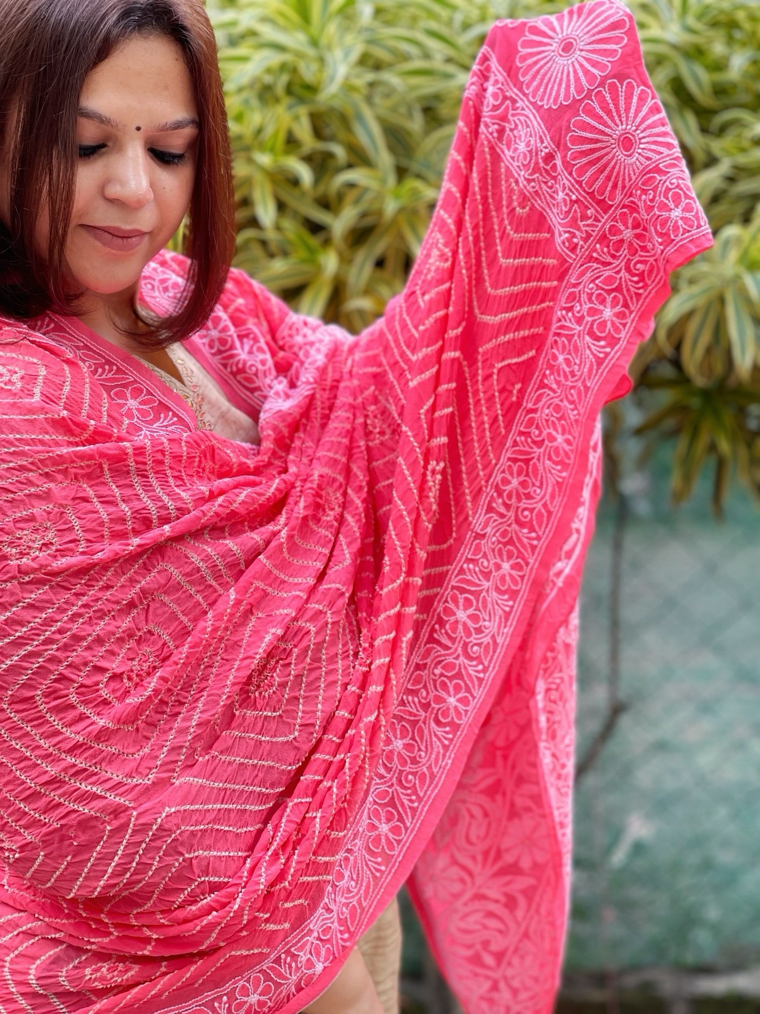 Fluorescent Pink Rai Bandhej Dupatta with Lucknowi Handwork in Pure Georgette - Masakalee