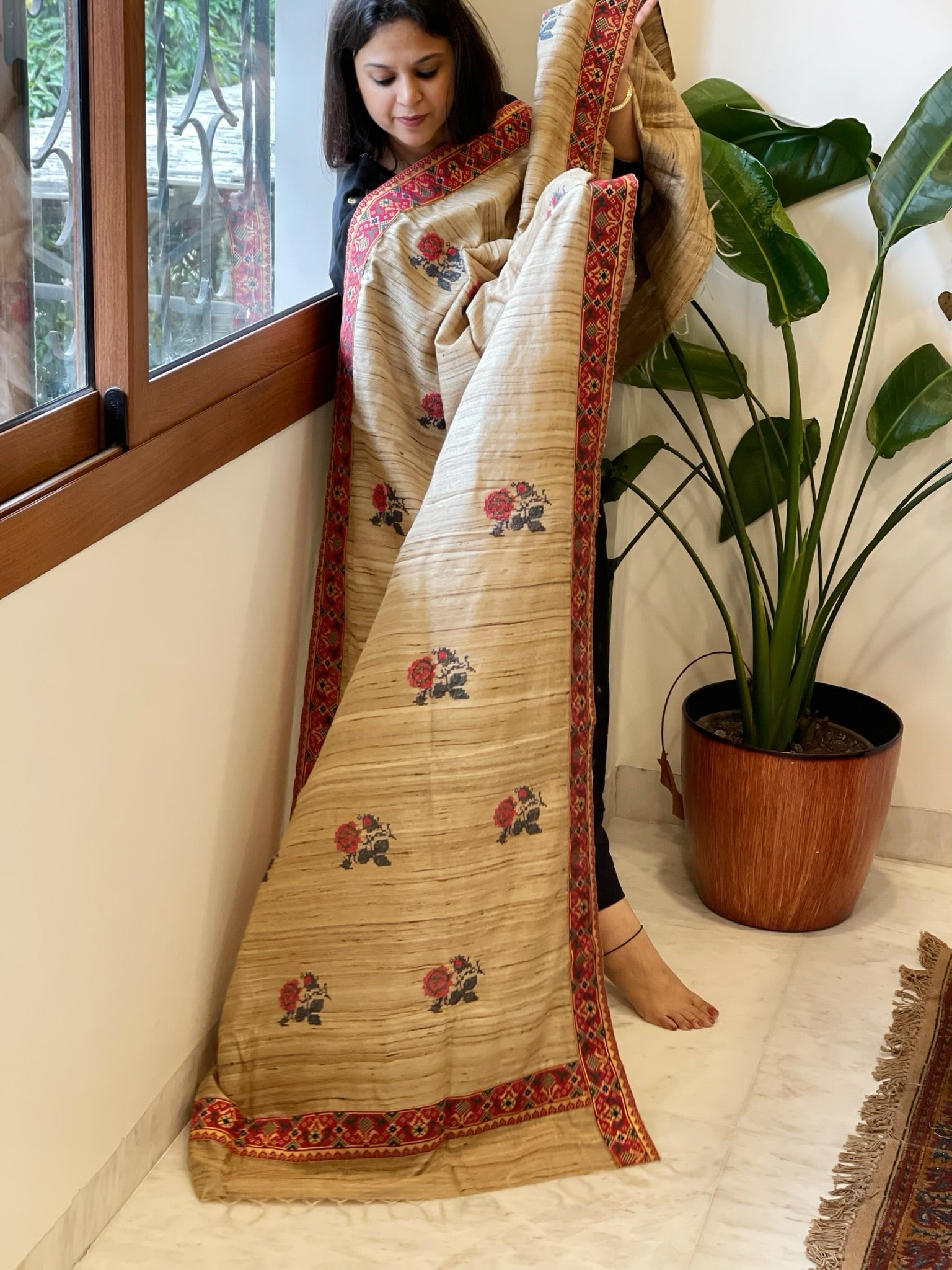 Geecha Silk Dupatta with Thread Embroidery & Patola Border - Masakalee