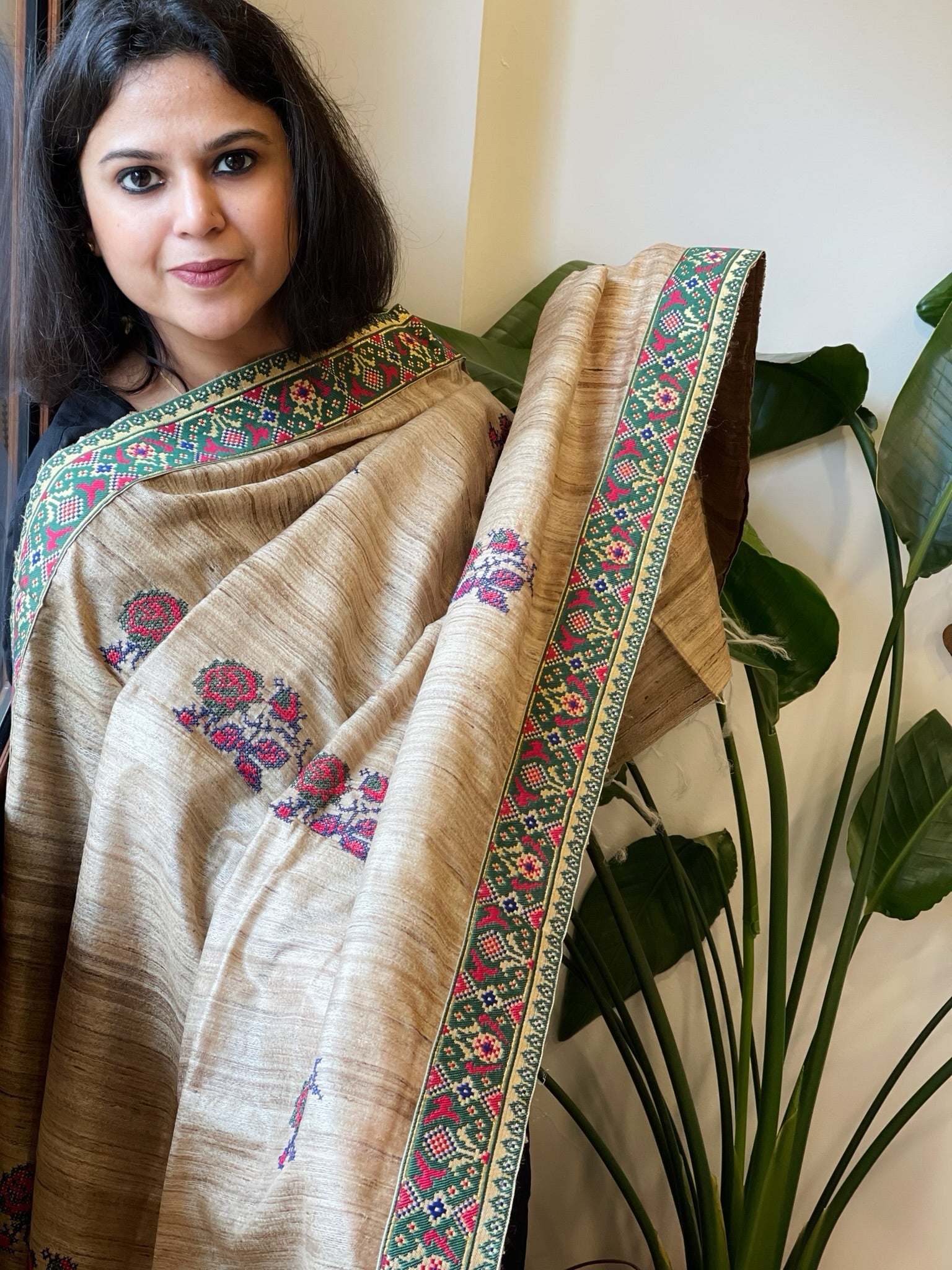 Geecha Silk Dupatta with Thread Embroidery & Patola Border - Masakalee
