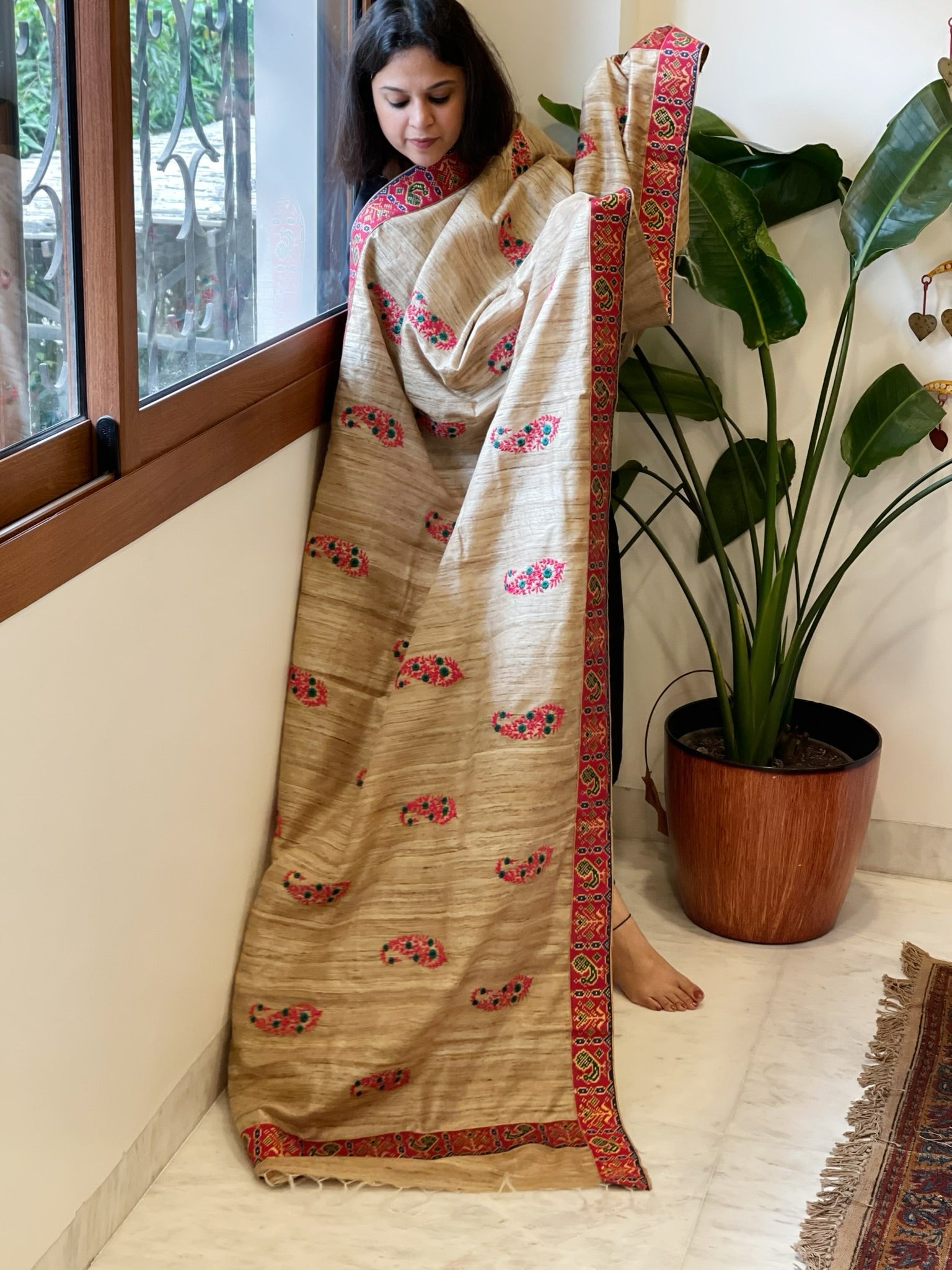 Geecha Silk Dupatta with Thread Embroidery & Patola Border - Masakalee