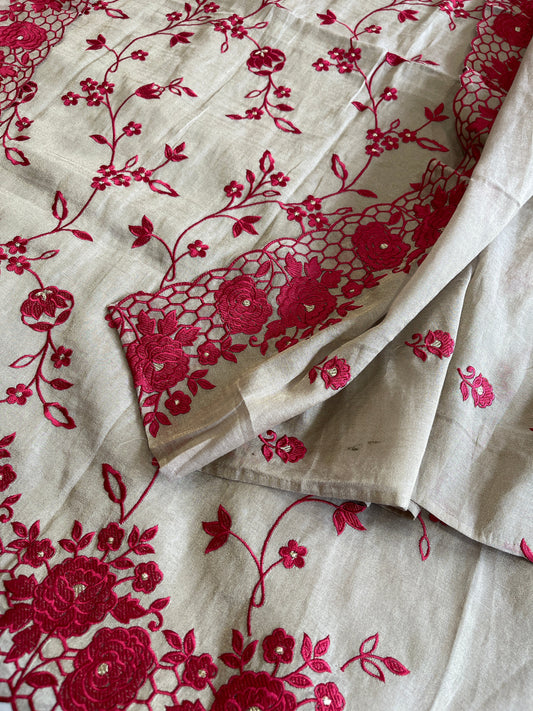 Gold. Red Suit Set with Thread Embroidery and Pitta Work in Tissue Chanderi - Masakalee