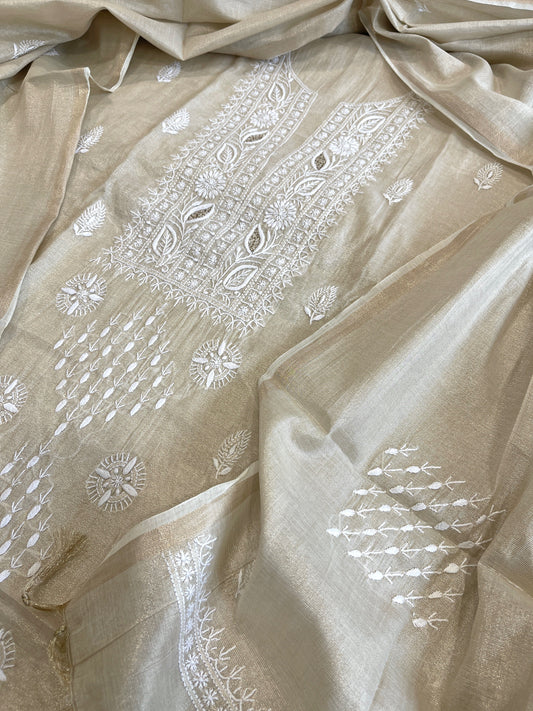 Gold Suit Set with Lucknowi Handwork in Tissue Chanderi - Masakalee