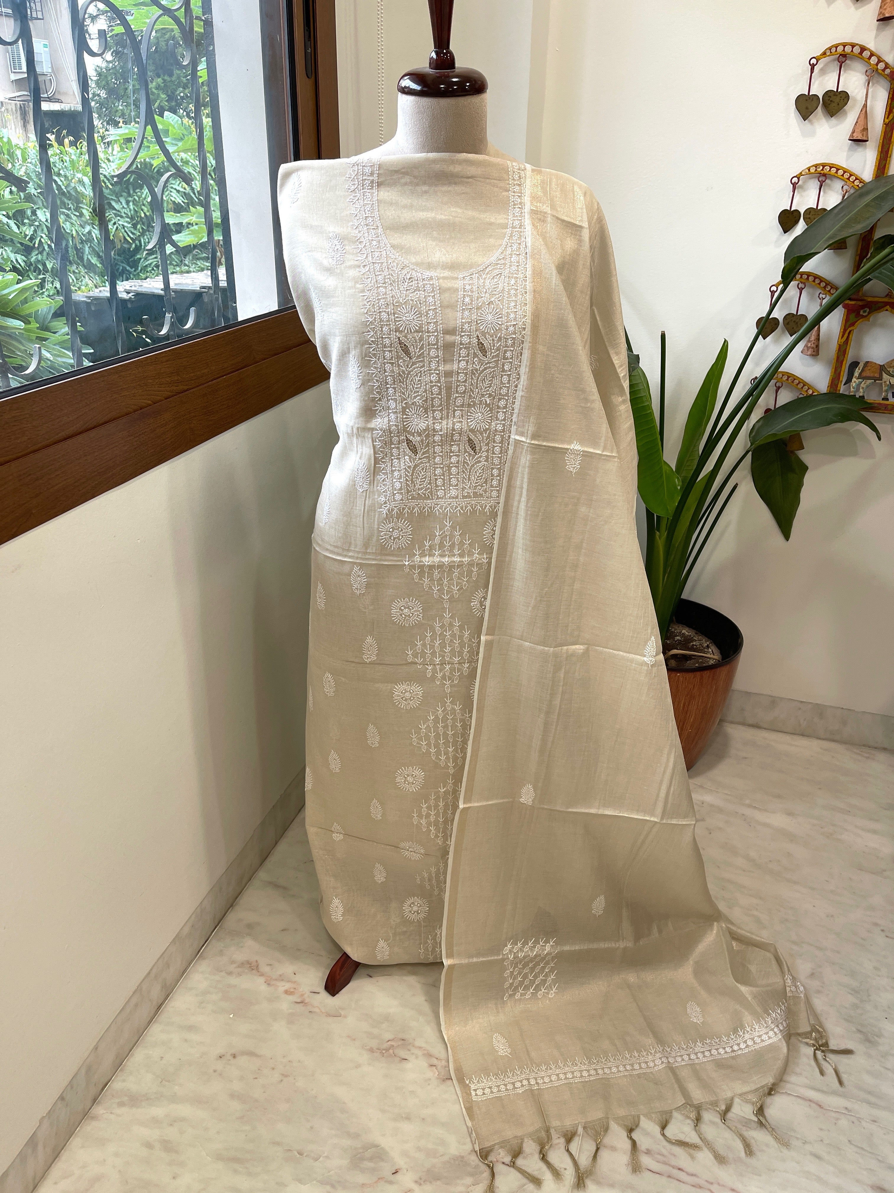 Gold Suit Set with Lucknowi Handwork in Tissue Chanderi - Masakalee
