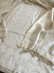 Gold Suit Set with Lucknowi Handwork in Tissue Chanderi - Masakalee