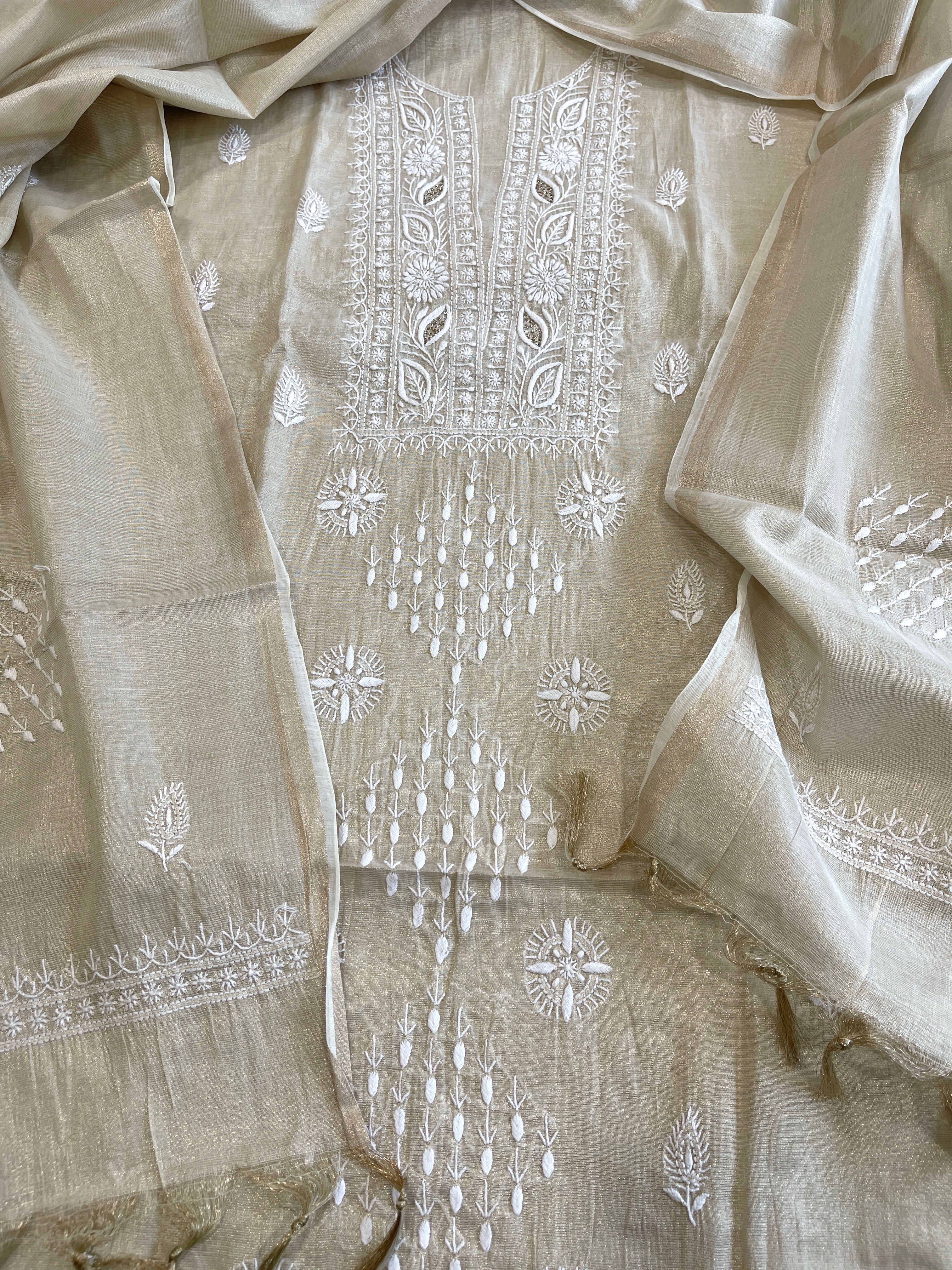 Gold Suit Set with Lucknowi Handwork in Tissue Chanderi - Masakalee