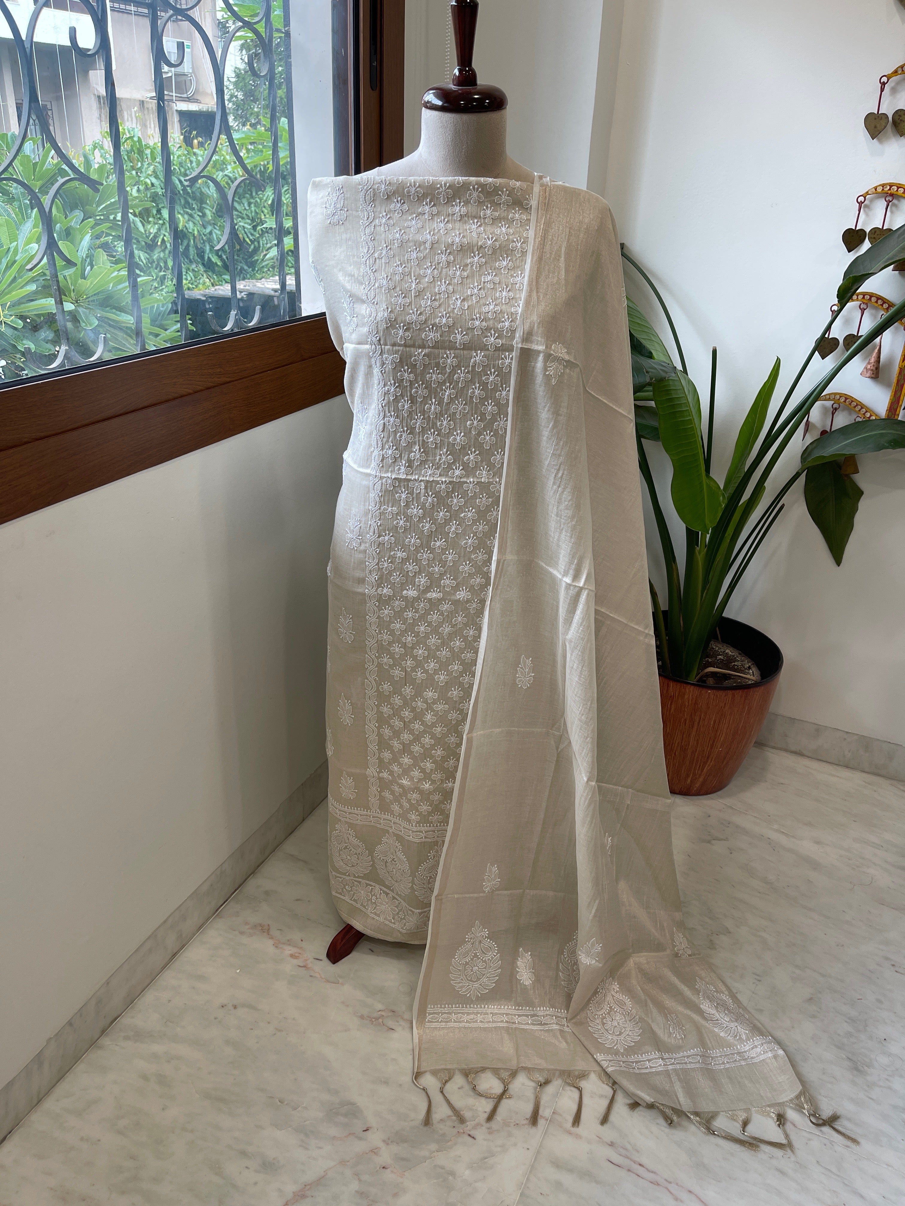 Gold Suit Set with Lucknowi Handwork in Tissue Chanderi - Masakalee