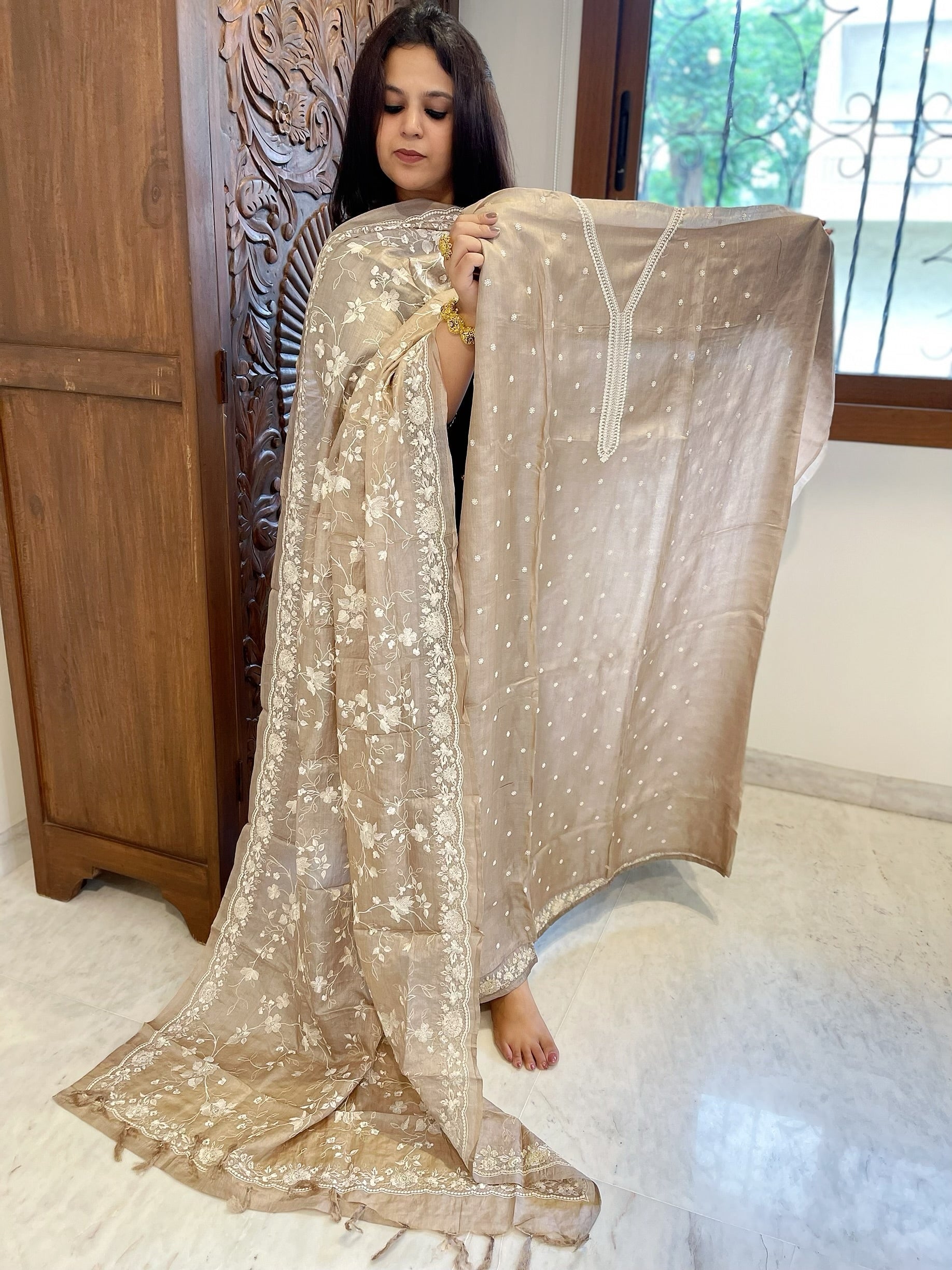 Gold Suit Set with Thread Embroidery in Pure Tussar Silk - Masakalee