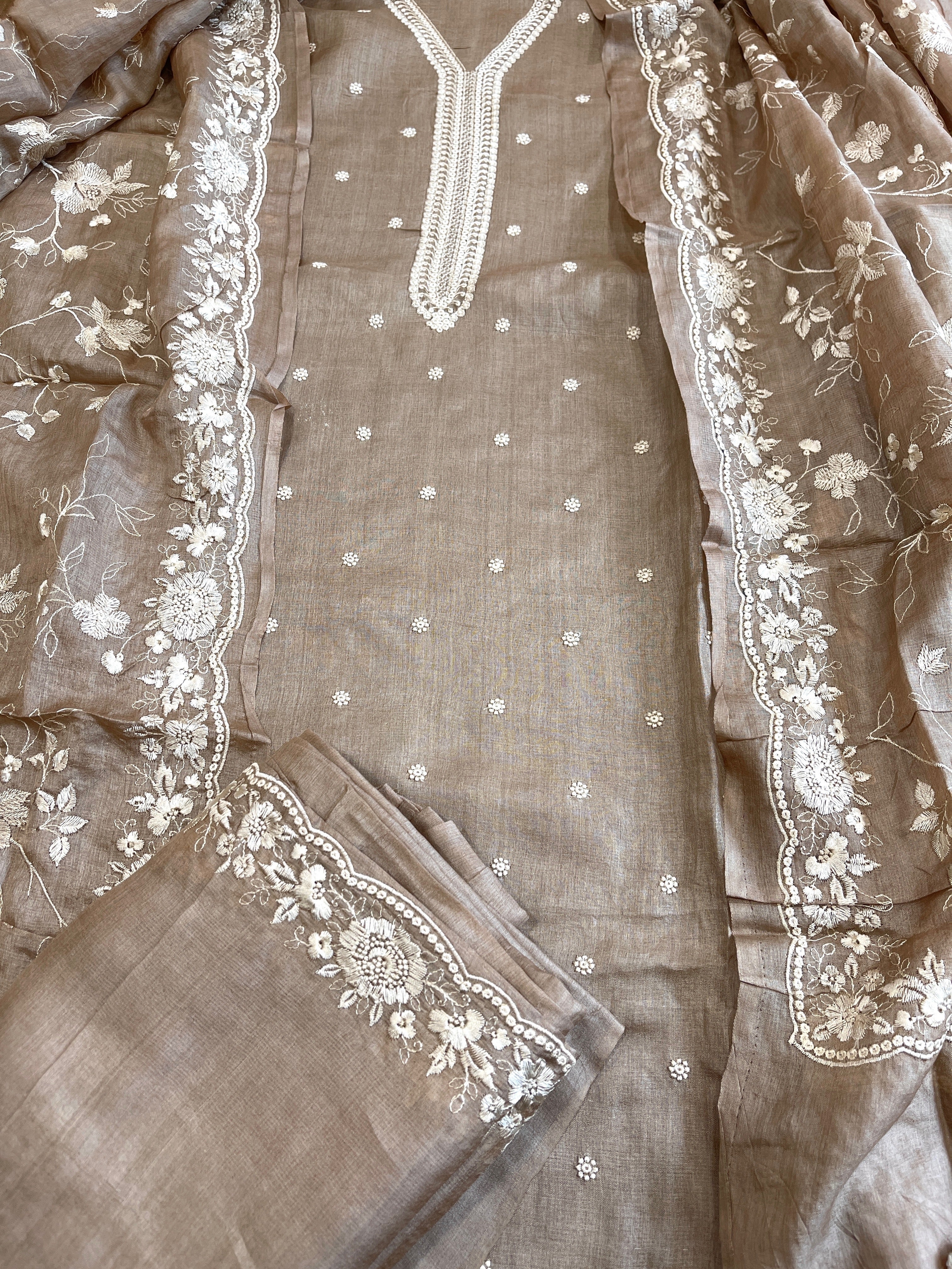 Gold Suit Set with Thread Embroidery in Pure Tussar Silk - Masakalee