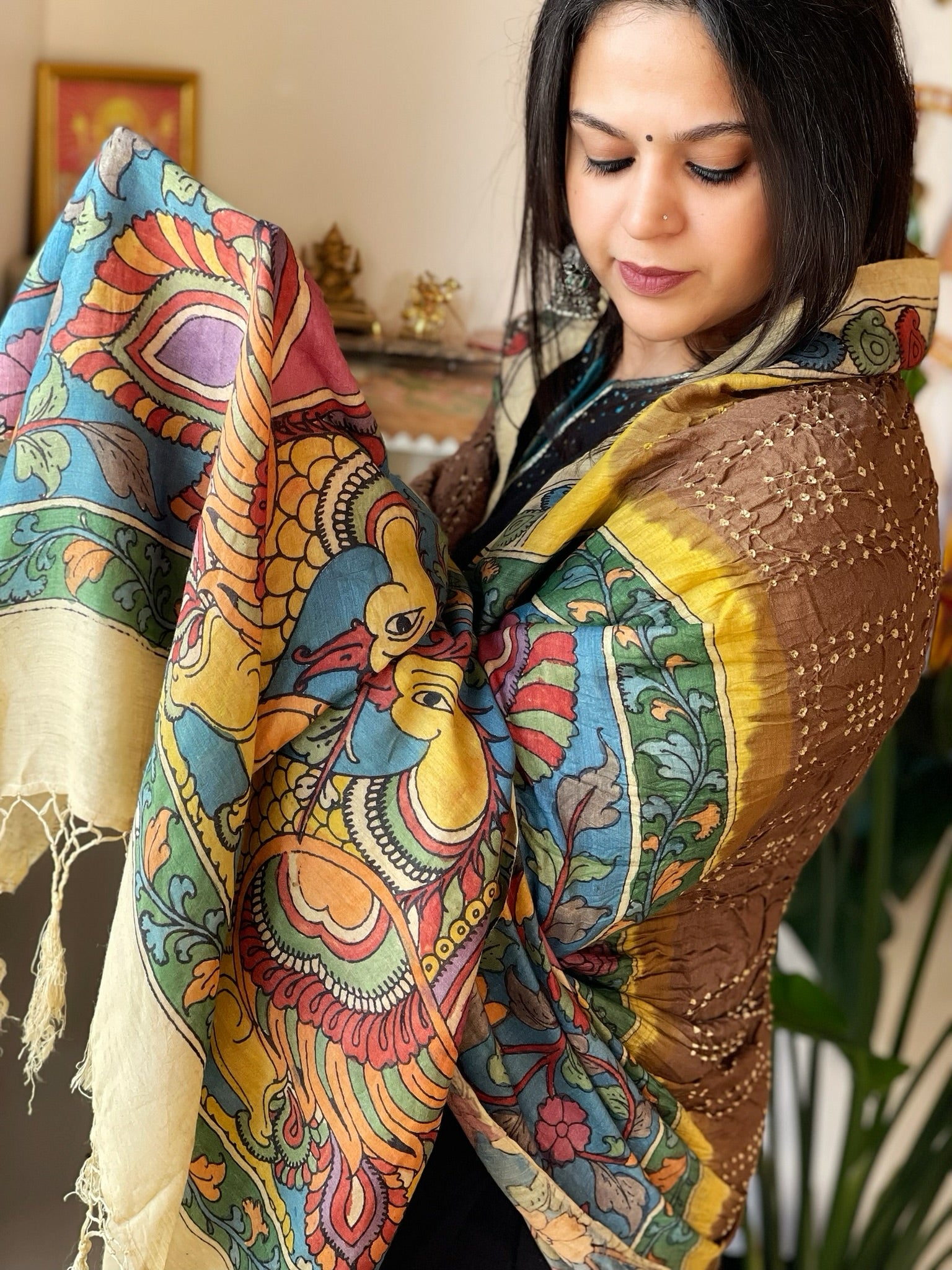 Golden Brown Rai Bandhej Dupatta with Handpainted Kalamkari Pallu in Pure Muga Silk - Masakalee