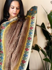 Golden Brown Rai Bandhej Dupatta with Handpainted Kalamkari Pallu in Pure Muga Silk - Masakalee