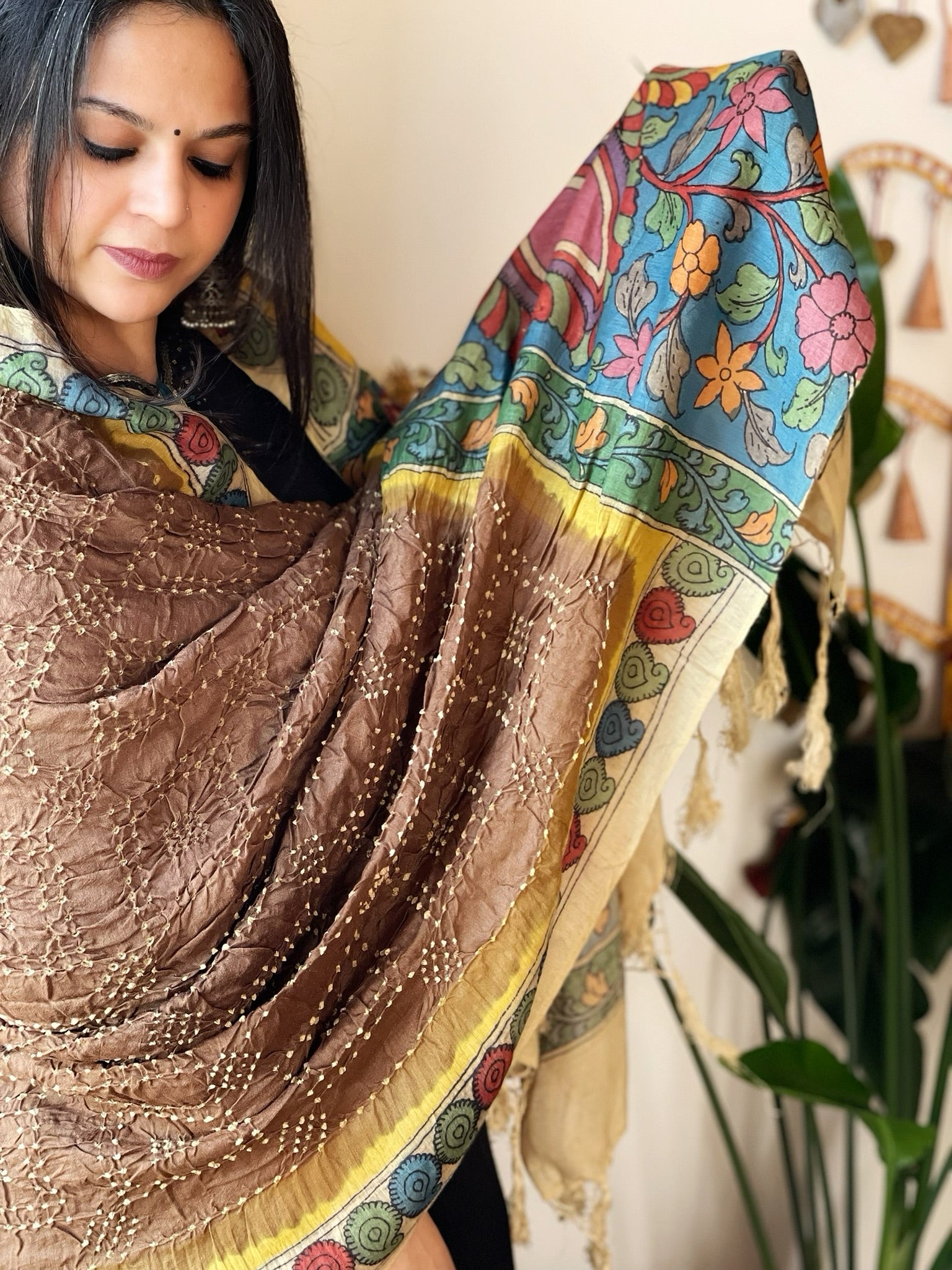 Golden Brown Rai Bandhej Dupatta with Handpainted Kalamkari Pallu in Pure Muga Silk - Masakalee