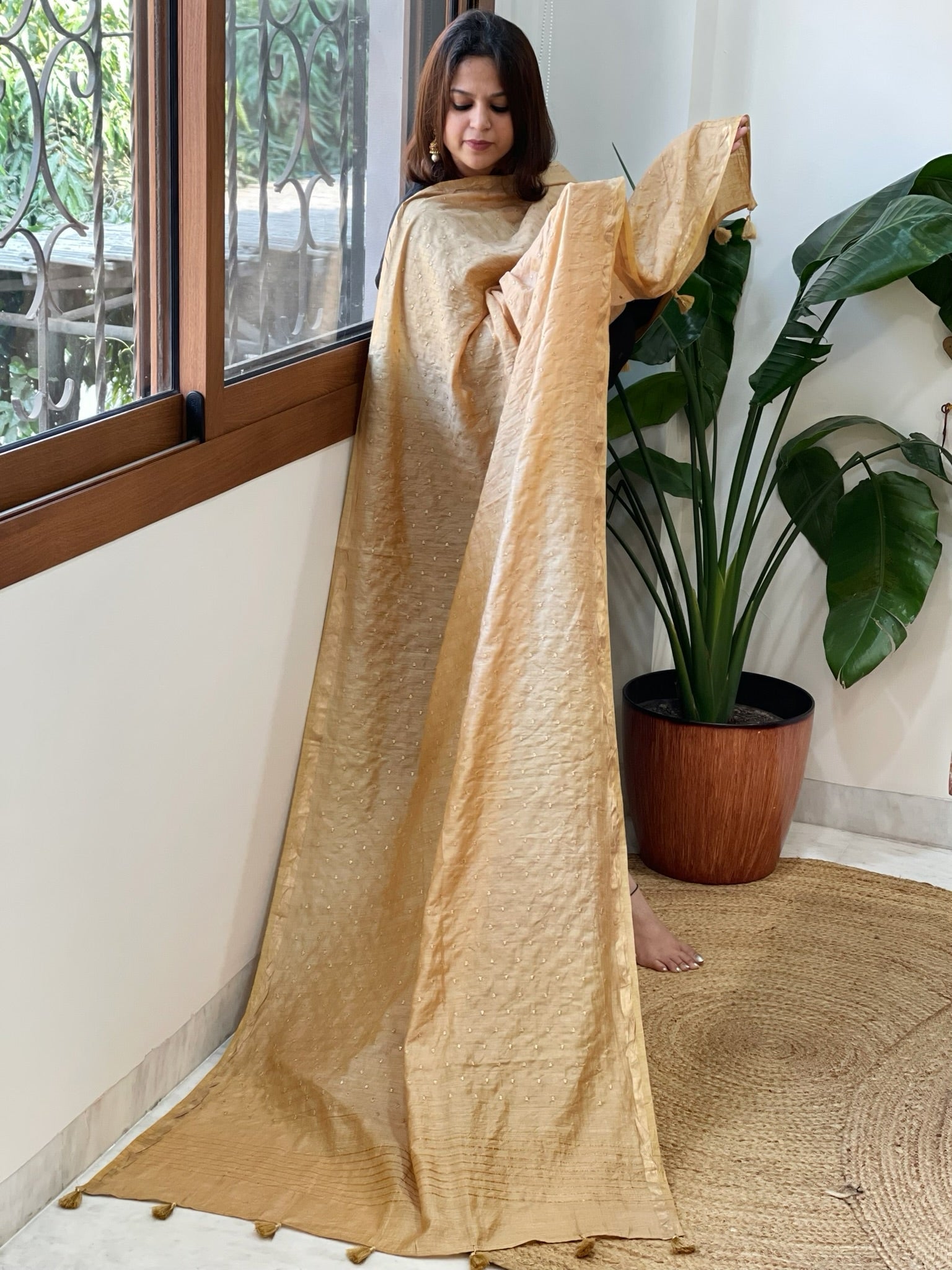 Golden Handwoven Muga Silk dupattas with Hand Embroidery - Masakalee