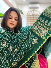 Green Bandhani Dupatta with Gotapatti Handwork in Pure Silk - Masakalee