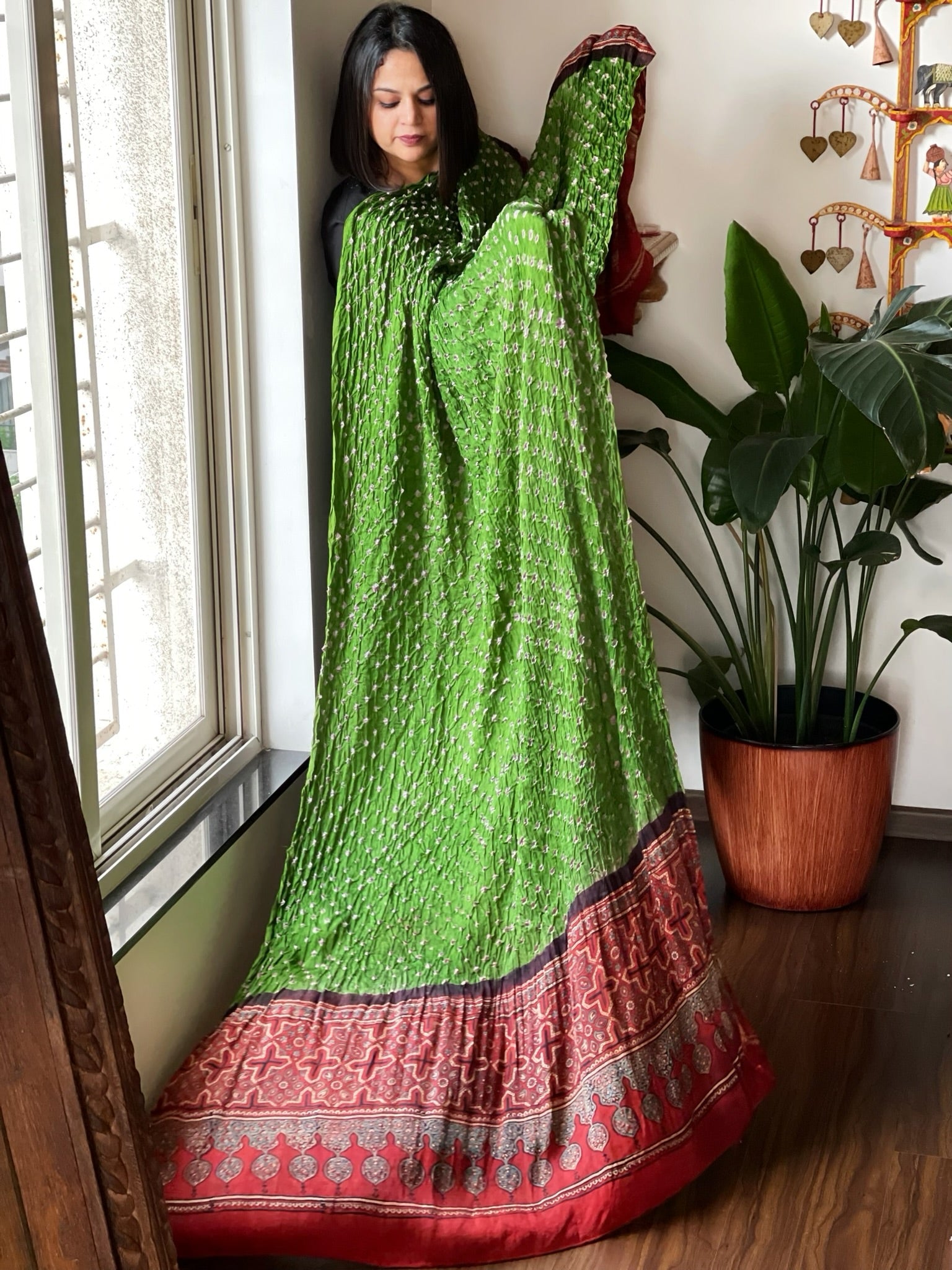 Green Bandhani with Ajrakh Dupatta in Modal Silk - Masakalee