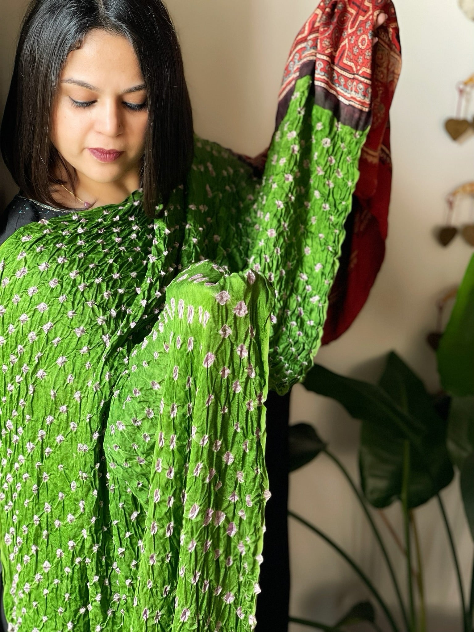 Green Bandhani with Ajrakh Dupatta in Modal Silk - Masakalee