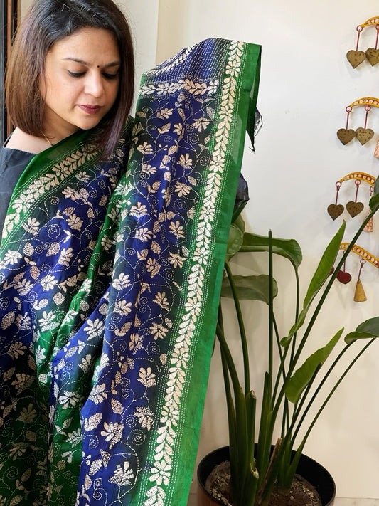 Green, Blue Handmade Kantha Dupatta in Silk - Masakalee