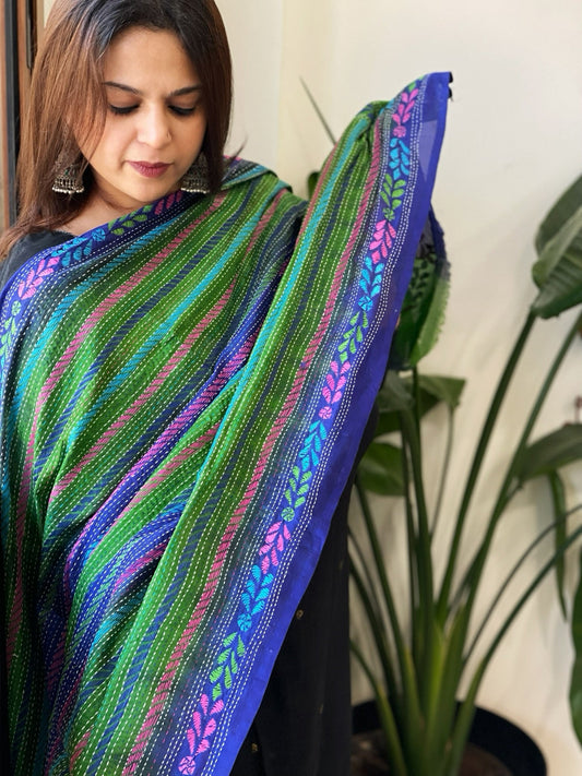 Green, Blue Handmade Kantha Dupatta in Silk - Masakalee