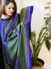 Green, Blue Handmade Kantha Dupatta in Silk - Masakalee