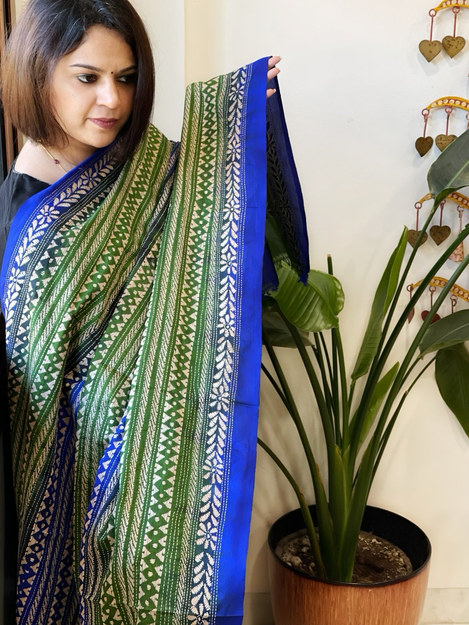 Green, Blue Handmade Kantha Dupatta in Silk - Masakalee
