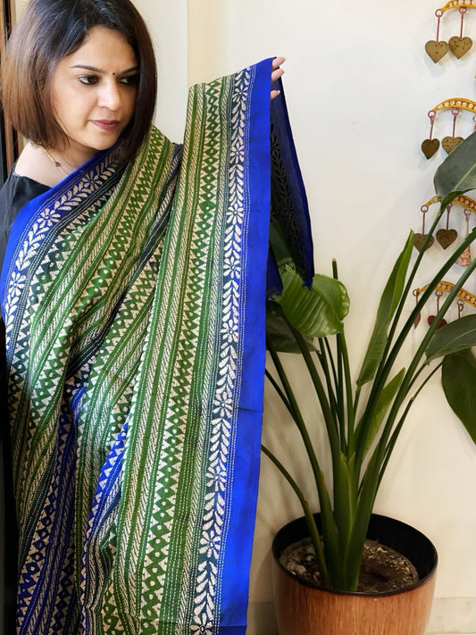Green, Blue Handmade Kantha Dupatta in Silk - Masakalee