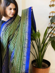 Green, Blue Handmade Kantha Dupatta in Silk - Masakalee