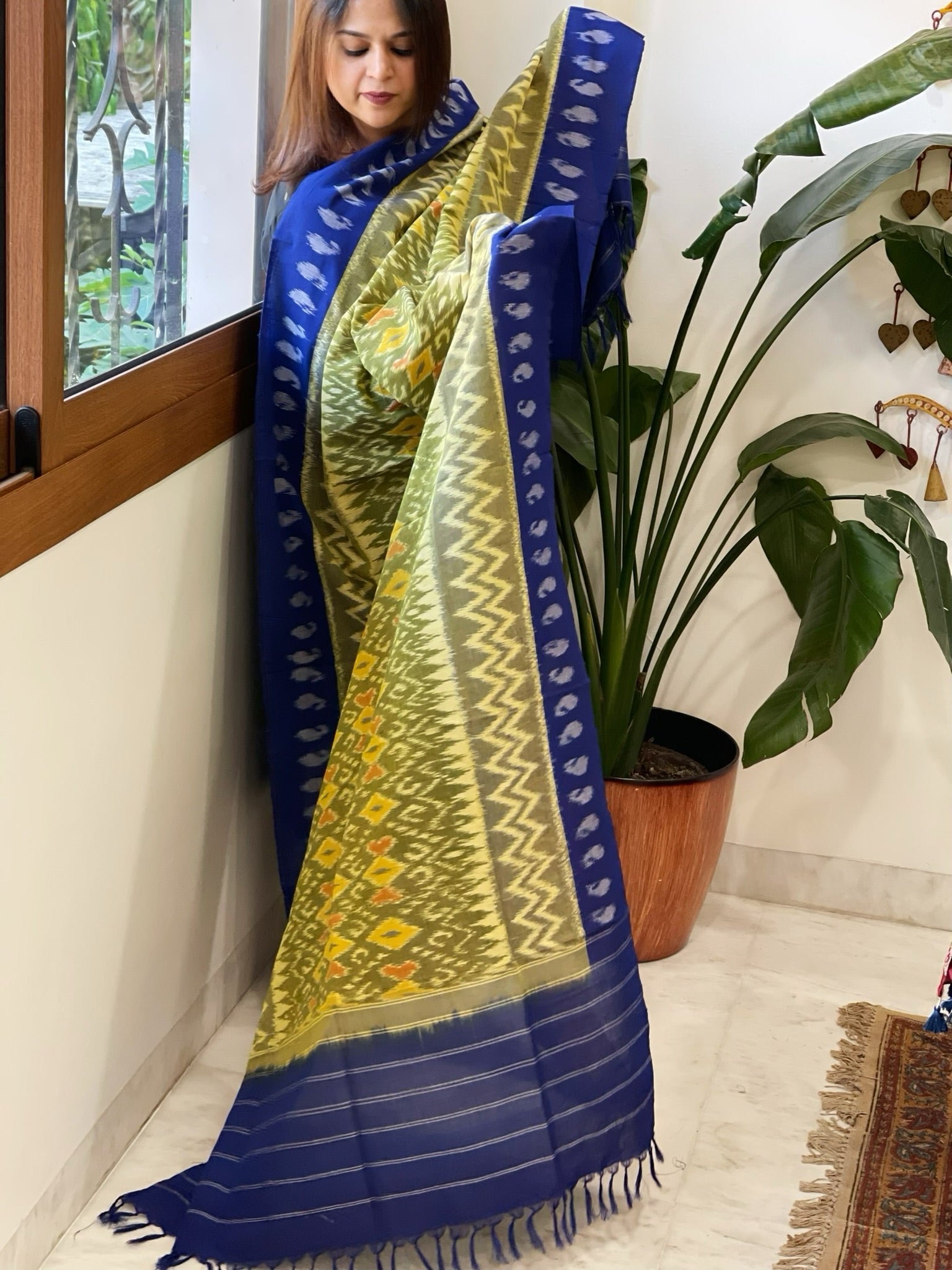 Green, Blue Handwoven Ikat Dupatta in Cotton - Masakalee