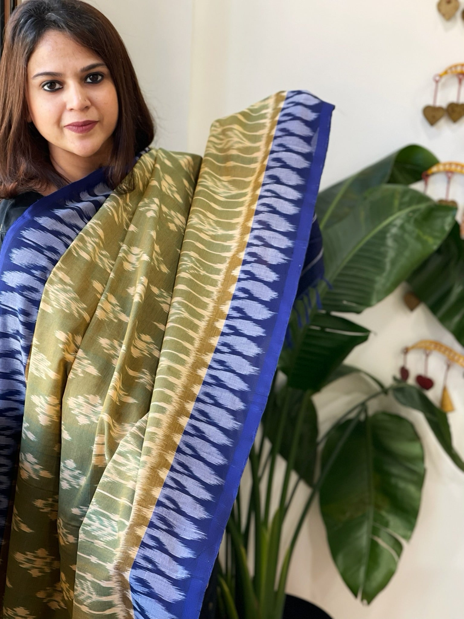 Green, Blue Handwoven Ikat Dupatta in Cotton - Masakalee