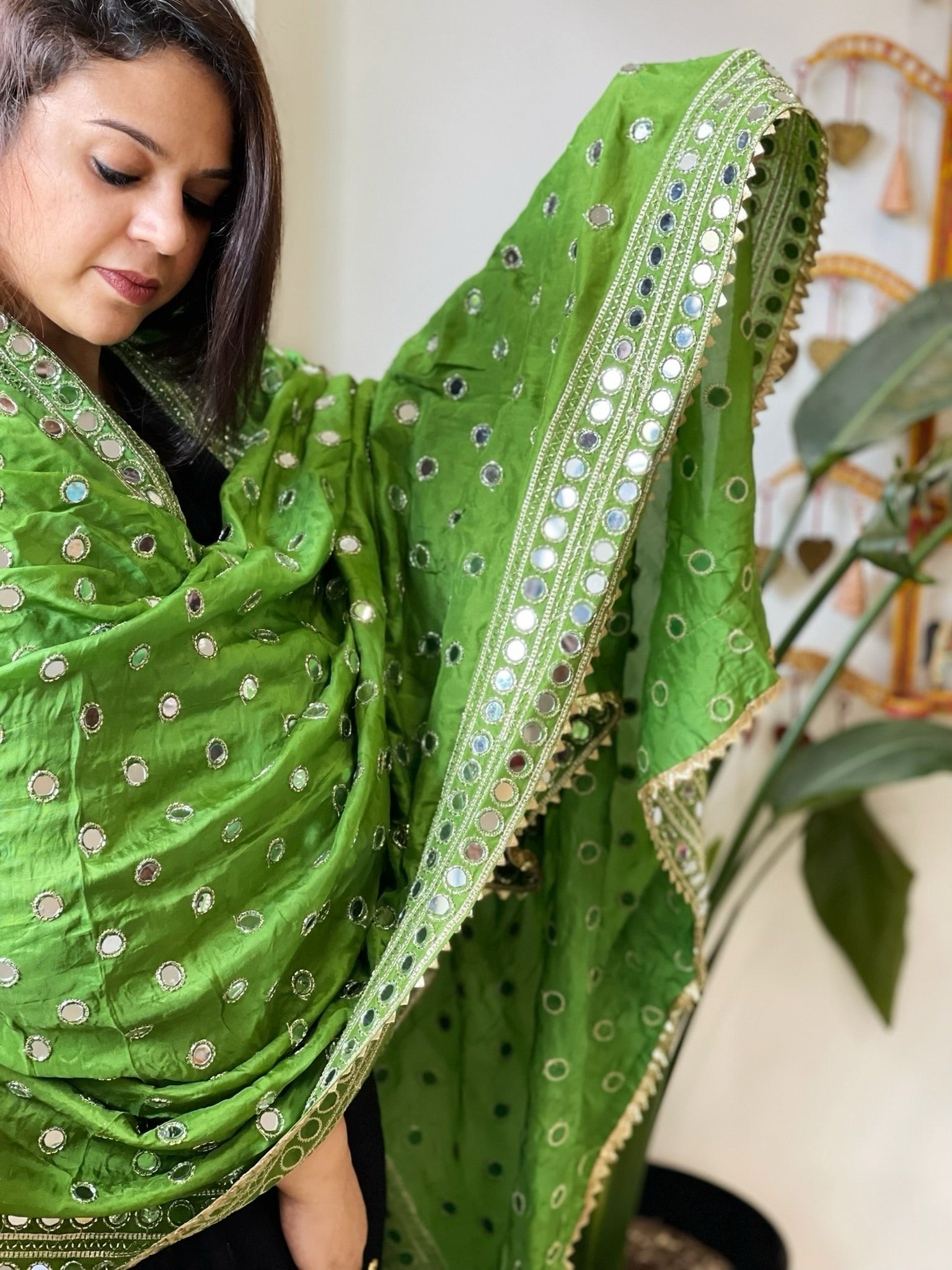 Green Crepe Dupatta with Mirror and Cut Daana Work with Gota Lace Border - Masakalee