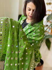 Green Crepe Dupatta with Mirror and Cut Daana Work with Gota Lace Border - Masakalee