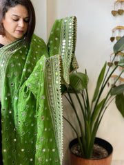 Green Crepe Dupatta with Mirror and Cut Daana Work with Gota Lace Border - Masakalee