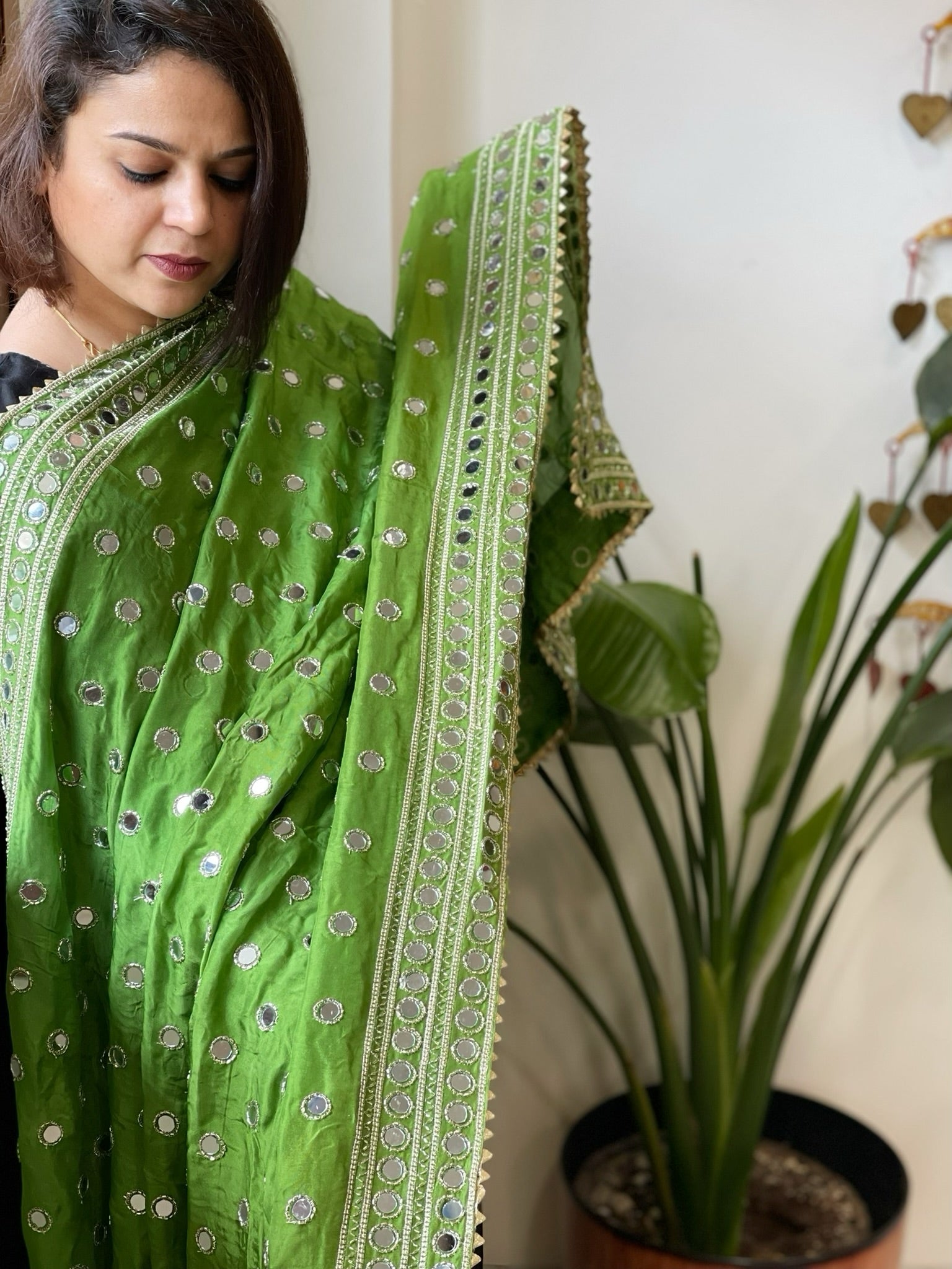 Green Crepe Dupatta with Mirror and Cut Daana Work with Gota Lace Border - Masakalee