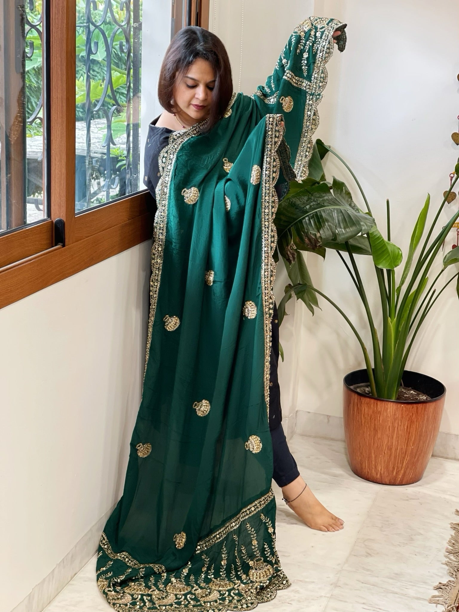 Green Crepe Dupatta with Pearl, Cut Daana, Gold Thread & Sequin Embroidery - Masakalee