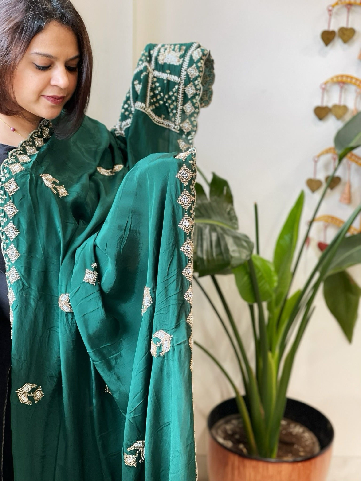 Green Crepe Dupatta with Pearl, Cut Daana, Gold Thread & Sequin Embroidery - Masakalee