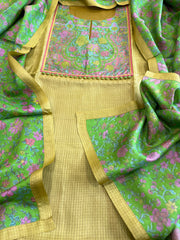 Green Dupatta Set (Kurta+Dupatta) with Handblock Print in Pure Tussar Silk - Masakalee