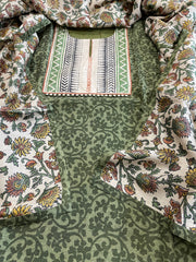 Green Dupatta Set (Kurta+Dupatta) with Handblock Print in Pure Tussar Silk - Masakalee
