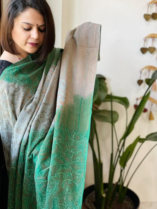 Green, Grey Handmade Reverse Nakshi Kantha Dupatta in Pure Tussar Silk - Masakalee