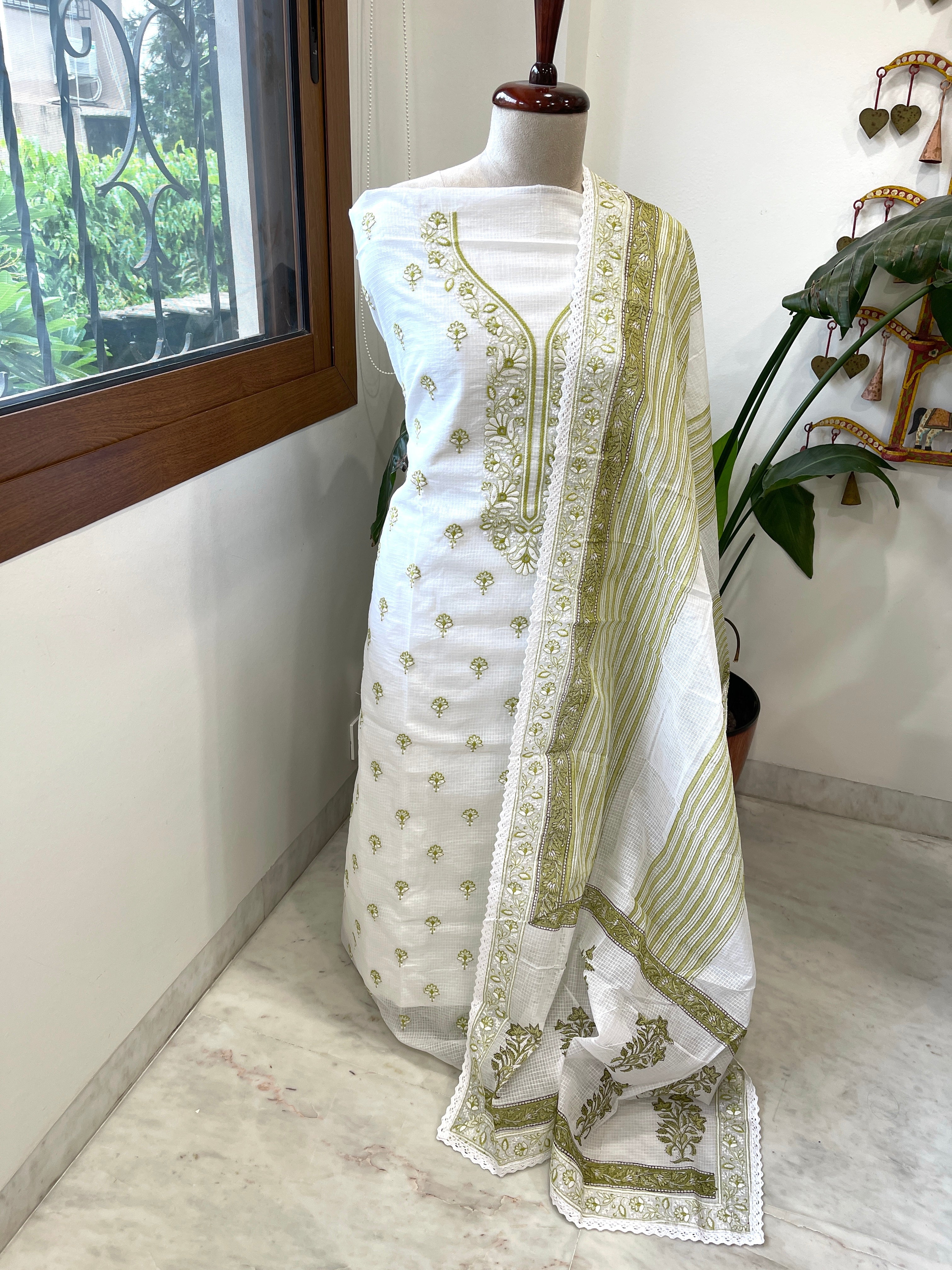 Green Handblock Printed Embroidered Suit Set in Kota Cotton - Masakalee