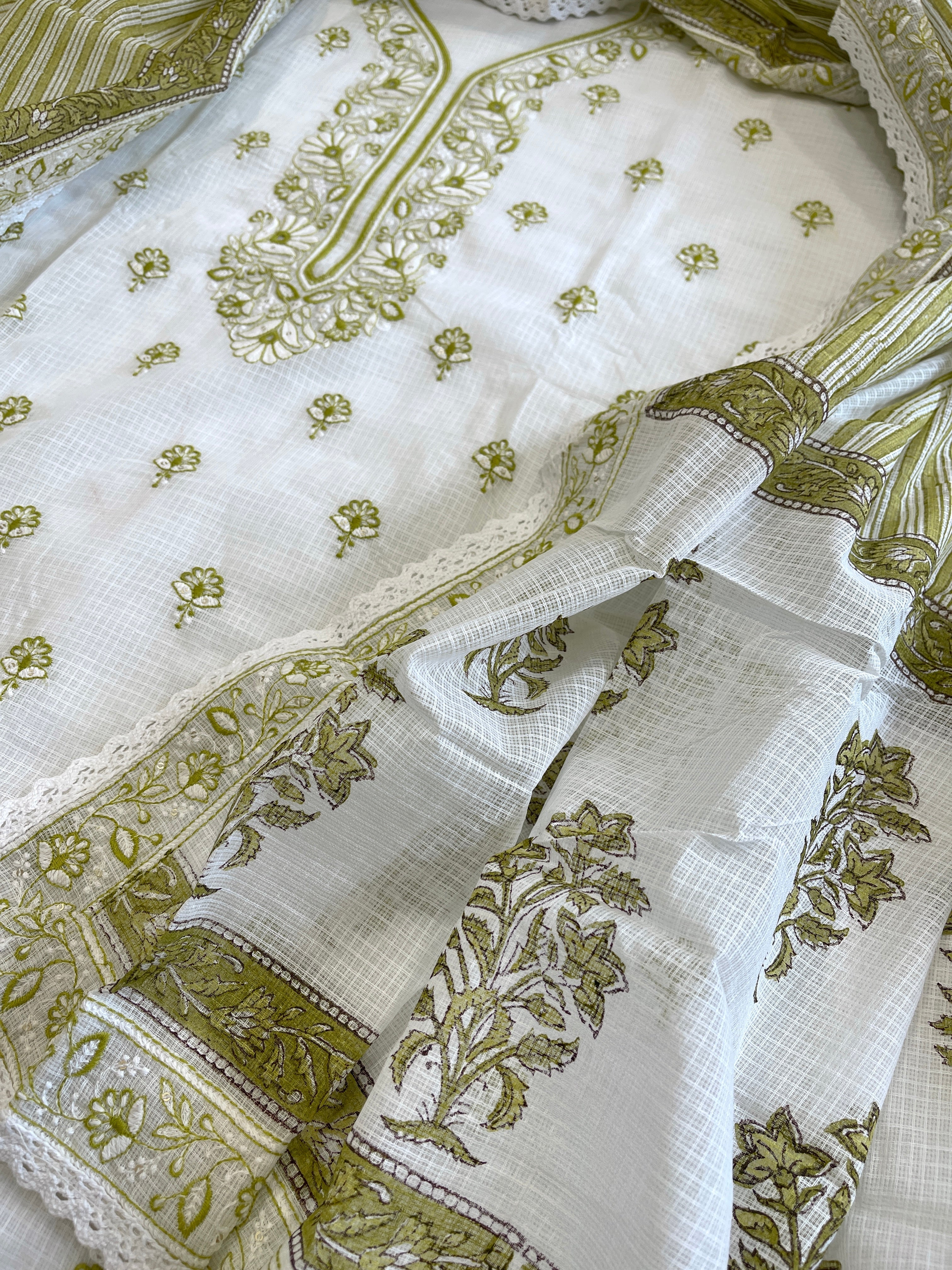Green Handblock Printed Embroidered Suit Set in Kota Cotton - Masakalee