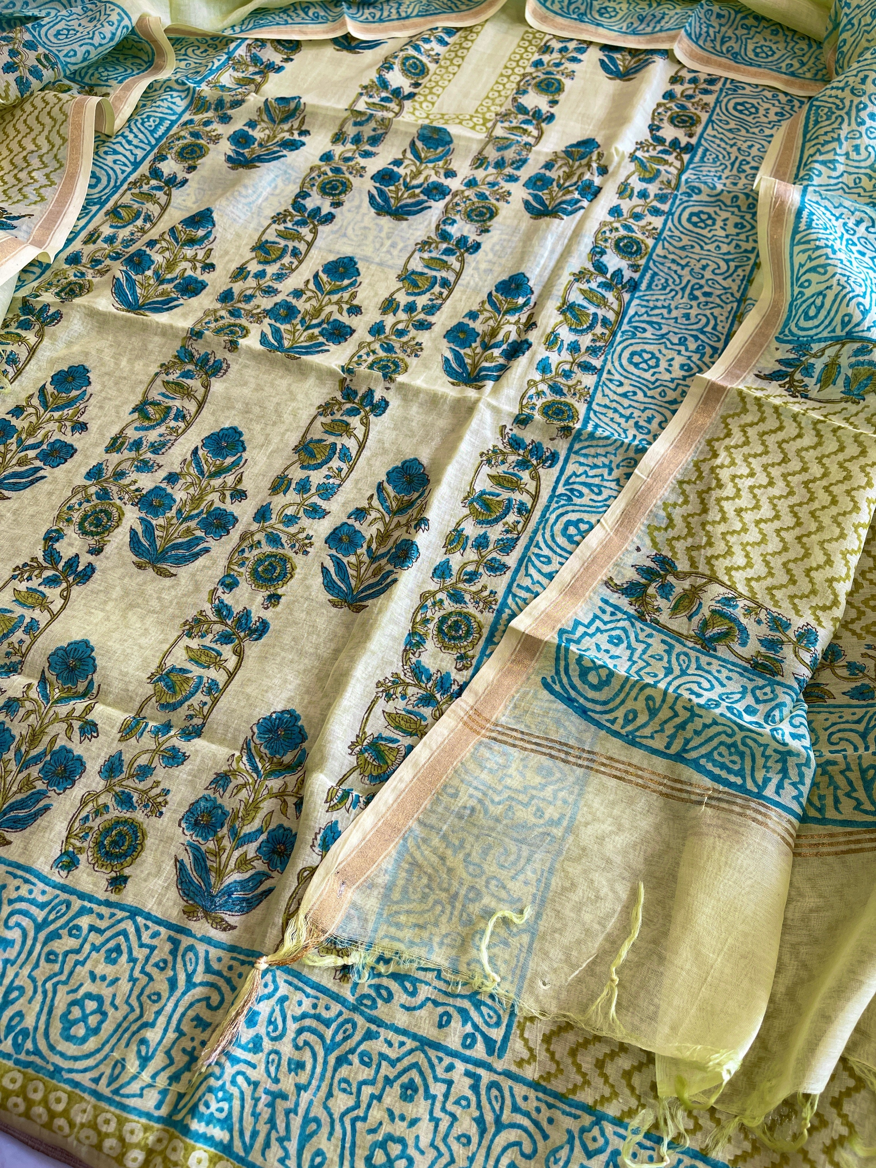 Green Handblock Printed Suit Set in Mul Cotton - Masakalee
