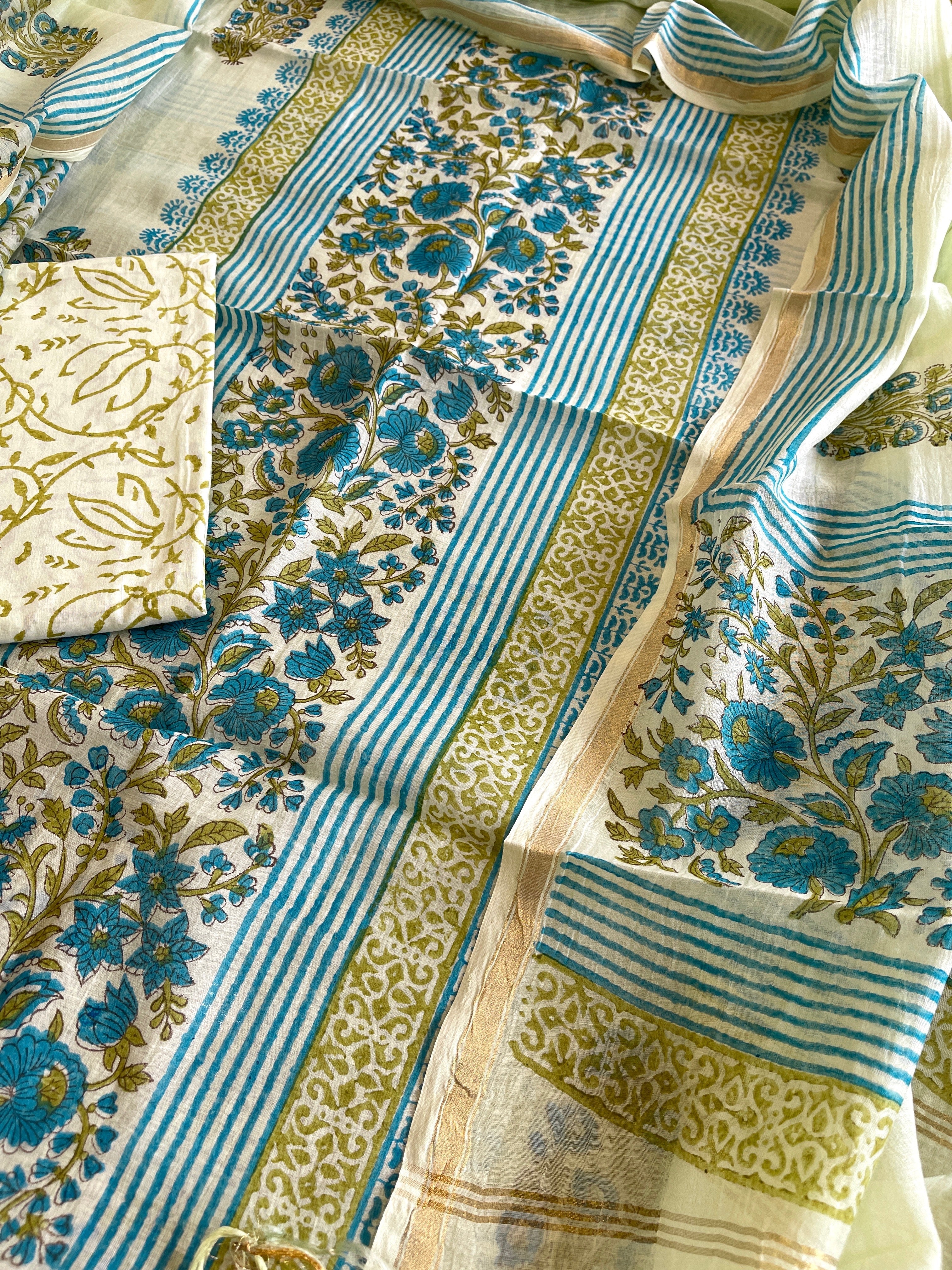 Green Handblock Printed Suit Set in Mul Cotton - Masakalee
