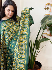 Green Handmade Nakshi Kantha Dupatta in Pure Silk - Masakalee