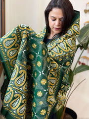 Green Handmade Nakshi Kantha Dupatta in Pure Silk - Masakalee