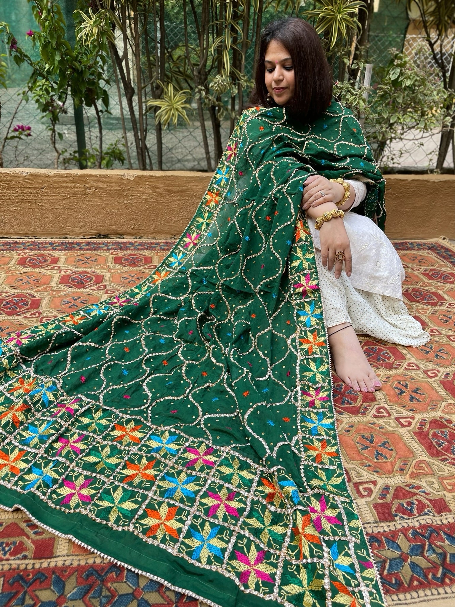 Green Handmade Phulkari Dupatta in Pure Chinon with Gota Handwork - Masakalee