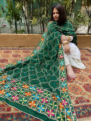 Green Handmade Phulkari Dupatta in Pure Chinon with Gota Handwork - Masakalee
